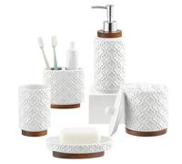 RQYIXI Ensemble d’accessoires de salle de bain 5 pièces en céramique et bois avec porte-brosse à dents, distributeur de savon, gobelet, porte-savon, pot à cotons-tige