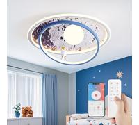 RRBEST Plafonnier pour Chambre d'enfant, 46W LED Plafonnier Astronaute Créatif Dimmable avec Télécommande, 3000-6000K, 50cm Lampe de Plafond pour Garçon Fille Chambre, Bleu-Boule blanche