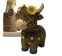 Rrlihjgu Statue de vache des hautes terres, sculpture de vache des hautes terres | Statue de bétail extérieure en résine avec fleur | Décoration de troupeau de gnome de veau, sculpture