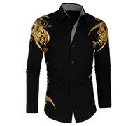 Rrongwn Chemise à fleurs à manches longues pour homme - Chemise imprimée personnalisée - Automne - Slim - Manches longues - Or - Noir - Social - Homme - Club - Chemise de bal de fin d'année, Noir , XL