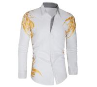 Rrongwn Chemise à fleurs à manches longues pour homme - Chemise imprimée personnalisée - Automne - Slim - Manches longues - Or - Noir - Social - Homme - Club - Chemise de bal de fin d'année, Blanc.,