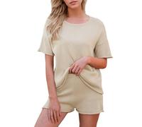 Rrongwn Combinaison de sport en tricot pour femme - 2 pièces - Avec taille élastique - Col rond - T-shirt et short - Couleur unie - Stretch - Baggy, beige, L