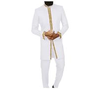 Rrongwn Ensemble africain 2 pièces pour homme - Manches longues - Imprimé doré - Dashiki et pantalon - Costume traditionnel - Style ethnique - Vêtements pour prières et excursions, Blanc., XL