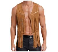 Rrongwn Gilet de cowboy hippie pour homme - Gilet de cowboy avec franges en daim - Sans manches - Veste en cuir - Pour festival des années 60 - Tenue rétro bohème hippie, marron, L