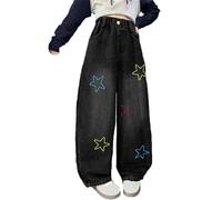 Rrongwn Jean baggy pour fille - Taille élastique - Pantalon large - Pantalon tendance pour adolescente, Noir , 15 ans