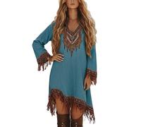 Rrongwn Robe bohème pour femme - Courte - Style hippie - Manches longues - Pompons - Vintage - Élégante - Bohème - Dentelle - Robe de printemps, bleu, 3XL