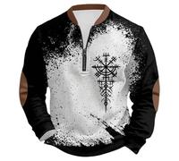 Rrongwn Sweat-shirt viking pour homme sans capuche avec demi-fermeture éclair, décontracté, confortable, chaud, viking marteau de Thor, loup, streetwear, sweat à capuche imprimé 3D, gris clair, S