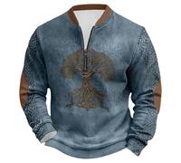 Rrongwn Sweat-shirt viking pour homme sans capuche avec demi-fermeture éclair, décontracté, confortable, chaud, viking marteau de Thor, loup, streetwear, sweat à capuche imprimé 3D, bleu clair, S