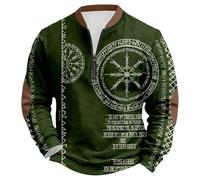 Rrongwn Sweat-shirt viking pour homme sans capuche avec demi-fermeture éclair, décontracté, confortable, chaud, viking marteau de Thor, loup, streetwear, sweat à capuche imprimé 3D, vert foncé, XXL