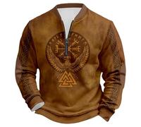 Rrongwn Sweat-shirt viking pour homme sans capuche avec demi-fermeture éclair, décontracté, confortable, chaud, viking marteau de Thor, loup, streetwear, sweat à capuche imprimé 3D, marron, 3XL