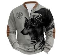 Rrongwn Sweat-shirt viking pour homme sans capuche avec demi-fermeture éclair, décontracté, confortable, chaud, viking marteau de Thor, loup, streetwear, sweat à capuche imprimé 3D, gris, XXL