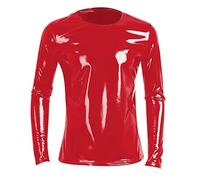 Rrongwn T-shirt en cuir verni métallique à manches longues pour homme - Haut en vinyle - Noir - Aspect cuir - Pour homme - Costume des années 70 et 80 - Vêtement de Saint-Valentin, rouge, S