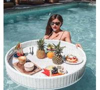 RRrawgff Plateau de Service en rotin - Plateau Rond tissé avec poignées pour Petit-déjeuner Flottant, Boissons au Bord de la Piscine, Brunch - 80 cm