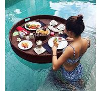 RRrawgff Plateau de Service en rotin - Plateau Rond tissé avec poignées pour Petit-déjeuner Flottant, Boissons au Bord de la Piscine, Brunch - 80 cm