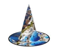 RRSZCC Chapeau de sorcière d'Halloween imprimé île grecque avec vue sur la mer, accessoire de costume de sorcière pour Halloween, cosplay, fête, décoration de vacances