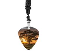 Rrtsmsgh Collier avec pendentif médiator de guitare en acier titane pour homme et femme, motif lever du soleil sur grand arbre, cadeau pour les amateurs de musique, pour guitaristes, musiciens, fans