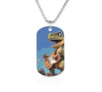 Rrtsmsgh Collier avec pendentif rectangulaire en acier titane avec motif dinosaure jouant de la guitare - Cadeau pour homme et femme