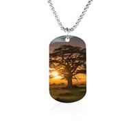 Rrtsmsgh Collier avec pendentif rectangulaire en acier titane avec motif lever de soleil sur grand arbre, cadeau pour homme et femme