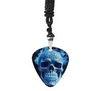 Rrtsmsgh Collier médiator de guitare en acier titane avec impression 3D en forme de crâne bleu pour homme et femme, cadeau pour les amateurs de musique, pour guitaristes, musiciens, fans de rock