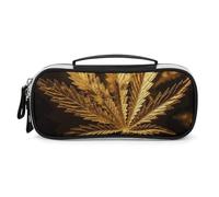 Rrtsmsgh Golden Cannabis Trousse à crayons de grande capacité, petite trousse de maquillage en cuir synthétique avec fermeture éclair et poignée, trousse à crayons portable pour bureau, rangement de