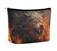 Rrtsmsgh Wild Wolf in the Fire Trousse de maquillage portable pour femme en cuir synthétique avec fermeture éclair