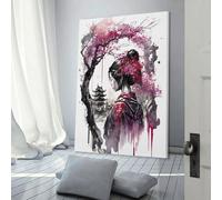 RRTYVFD Geisha Fleurs de cerisier 2 Œuvre d'art pour la décoration murale de la maison, prête à être accrochée, pour la salle de bain, les toilettes ou le salon, 60 x 90 cm (24 x 36 pouces)