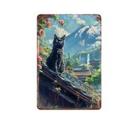 RRTYVFD Panneau métallique « Chat au mont Fuji » - Prenez soin de votre esprit - Plaque murale en fer - Affiche artistique 30 x 20 cm