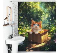 RRTYVFD Rideau de Douche Chat sur Une boîte dans la forêt, Tissu Polyester imperméable et Anti-moisissure, Style Moderne, déperlant, pour Salle de Bain (136 x 180 cm)
