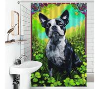 RRTYVFD Rideau de Douche élégant et résistant aux moisissures, Motif Boston Terrier coloré dans Un Champ de trèfle, avec 12 Crochets, 119 x 180 cm (46,85 x 70,87 Pouces).
