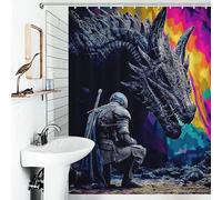 RRTYVFD Rideau de Douche « Rencontre Entre Un Chevalier et Un Dragon » : Une Rencontre Haute en Couleur. Résistant aux moisissures, en Polyester épais et Durable. Style Moderne, 136 x 180 cm.