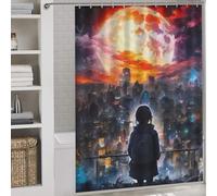 RRTYVFD Rideau de Douche « Ville sous Une Lune Rouge géante », Anti-moisissure, 100% Polyester, Lavable, décoratif, pour Salle de Bain ou Salle d'eau, 163 x 180 cm