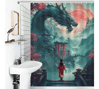 RRTYVFD Rideaux de Douche Japonais à Motif de Geisha et de Dragon, en Polyester épais et résistant à la moisissure, avec 12 Crochets, pour Baignoire, 136 x 180 cm (53,54 x 70,87 Pouces).
