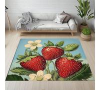 RRUxiia Carpet Petit Antidérapant Lavable en Machine Fleurs Fraises Dessinées Paillasson 60x90 cm Poil Ras Plante Feuille Fruit Tapis Rectangle pour Salle de Lavage, Chambre à Coucher, Entree