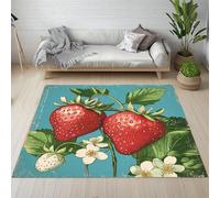 RRUxiia Carpet Petit Antidérapant Lavable en Machine Fleurs Fraises Dessinées Paillasson 60x90 cm Poil Ras Plante Feuille Fruit Tapis Rectangle pour Salle de Lavage, Chambre à Coucher, Entree
