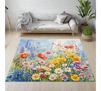 RRUxiia Carpet Petit Antidérapant Lavable en Machine Fleurs Marguerites Colorées Paillasson 60x90 cm Poil Ras Imprimés Floraux Végétaux Tapis Rectangle pour Salle de Lavage, Chambre à Coucher, Entree