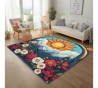 RRUxiia Carpet Petit Antidérapant Lavable en Machine Soleil Abstrait Montagne Enneigée Paillasson 60x90 cm Poil Ras Nuages Marguerites Fleurs Tapis Rectangle pour Salle de Lavage, Chambre à Coucher