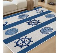 RRUxiia Gouvernail Ancre Tapis Salon 50x80cm Coquille Nautique Tapis antidérapant Lavable en Machine Rayures Bleues pour Couloir entrée Chambre et Zones à Fort Trafic