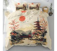 RRUxiia Housse de Couette Paysage Japonais, Parure de Lit Réversible 90x190 cm, Tournesols De Montagne Enfant Housse Couette Tour du Mont Fuji 1 Personnes avec 1 Taies d'oreiller 65x65 cm