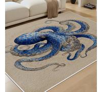 RRUxiia Motif Pieuvre Bleu Tapis Entrée Intérieur 40x60 cm Style Rétro Animaux Marins Tapis de Porte Lavable Thème Nautique Carpet pour Salon Chambre Cuisine Dessous Antidérapant