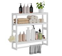 RRX Étagère de Salle de Bain en Bambou, 15 x 59 x 54 cm (P x l x H), 3 Niveaux réglables flottants, Fixation Murale ou Support avec Barre, étagères Debout, Porte-Serviettes (Blanc)