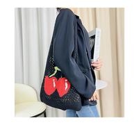 RRYPBOVG Sac en Tricot Creux Sacs à tricoter esthétiques Cerise Imprimé Femmes Crochet Fourre-tout Sacs à main Grande capacité Femme Été Évider Sac à provisions(Black 35x33cm)