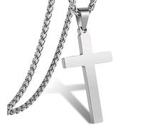 RS Collier avec pendentif en forme de croix en acier inoxydable pour homme, garçon, femme, 40,6 à 61 cm, cadeau religieux, 16 inches, Acier inoxydable, Pas de pierre précieuse