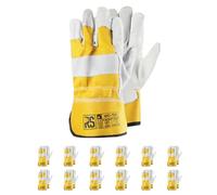 RS VIC TEC Lot de 12 paires de gants de montage en cuir de qualité supérieure - Taille 10 - Gris/jaune - Gants de montage - Gants de travail renforcés avec du cuir de vachette fendu