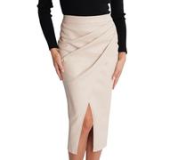 RSBFK Jupe crayon extensible en similicuir pour femme - Taille haute - Fente sur le devant - Jupe midi, beige, S