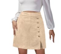 RSBFK Mini jupe trapèze taille haute boutonnée sur le devant en faux daim à ourlet fendu pour femme, beige, XL
