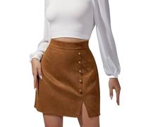 RSBFK Mini jupe trapèze taille haute boutonnée sur le devant en faux daim à ourlet fendu pour femme