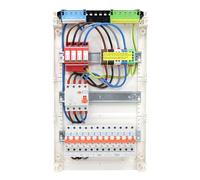 RSE Boîte à fusibles câblée encastrée pour mur creux avec répartiteur de vide Hager, montage en saillie, 3 rangées VA36CN, 1 FI 4 broches + 12 LS B16A, avec protection contre les surtensions