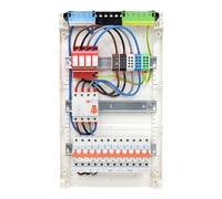RSE Boîte à fusibles câblée encastrée pour mur creux avec répartiteur de vide Hager, montage en saillie 3 rangées VA36CN, 1 FI 4 broches. + 1 x 3 broches + 9 x LS B16A 1 pôle, avec protection contre