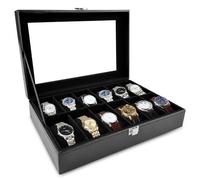 Rseuphiee Boîte à Montres à 12 Emplacements, Coffret à Montres, Plateau à Montres, Présentoir à Montres, Avec Couvercle en Verre, Coussinets Amovibles, pour Bagues, Bracelets et Colliers, Noir