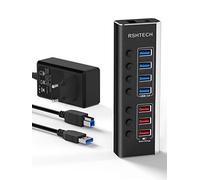 RSHTECH Aluminium Hub USB 3.0 Alimenté à 7 Ports avec Alimentation 36 W (12 V/3 A) 7 Ports USB Hub 3.0 avec Charge Rapide (4 Ports Transfert Données USB 3.0, 3 Ports Charge Rapide), RSH-A37